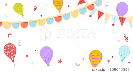 Celebration party horizontal banner with bunting, balloons, confetti. Festive vintage greeting design with blank copy space. Vector hand drawn illustration for web, sale, shop opening 139043595