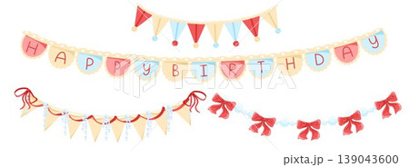 Vintage party garland with flags, pastel colored pennants and bunting. Isolated retro celebration elements for invitations, greeting cards, event banners, scrapbooking, stickers, printable designs Vintage party garland with flags, pastel colored pennants and bunting. Isolated retro celebration elements for invitations, greeting cards, event banners, scrapbooking, stickers, printable designs 139043600