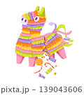 Mexican pinata. Colorful broken paper toy in shape of llama or horse with candies falling from the crack. Traditional hand made candy surprise decoration for child's birthday party, fiesta, carnival 139043606