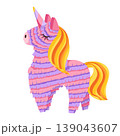Cartoon unicorn pinata. Colorful paper toy in shape of magic horse. Traditional candy surprise decoration for girl's birthday party, fiesta, carnival. Hand drawn vector illustration for sticker, print 139043607