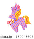 Cartoon unicorn pinata. Colourful broken paper toy in shape of magic horse with candies inside. Traditional hand made candy surprise decoration for child's birthday party, fiesta, carnival, sticker 139043608