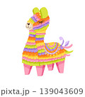 Mexican pinata. Colorful paper toy in shape of llama or alpaca. Traditional candy surprise decoration for birthday party, fiesta and carnival. Cartoon hand drawn vector illustration for sticker, print 139043609