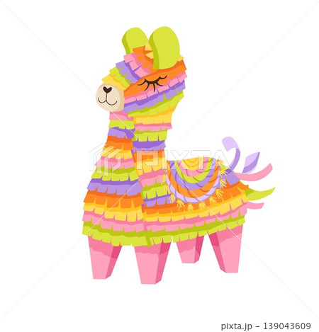 Mexican pinata. Colorful paper toy in shape of llama or alpaca. Traditional candy surprise decoration for birthday party, fiesta and carnival. Cartoon hand drawn vector illustration for sticker, print 139043609