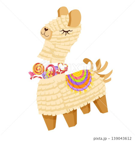Cartoon pinata. Colourful broken paper toy in shape of llama or alpaca with candies inside. Traditional hand made candy surprise decoration for child's birthday party, fiesta, carnival and stickers 139043612