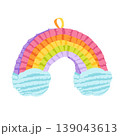 Cartoon rainbow pinata. Colorful hand made paper toy with rainbow and clouds. Traditional candy surprise decoration for party, fiesta, carnival. Hand drawn vector illustration for sticker, print, web 139043613