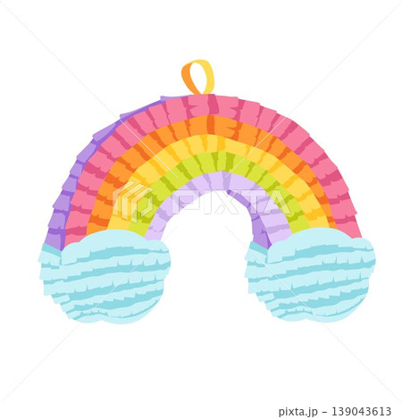 Cartoon rainbow pinata. Colorful hand made paper toy with rainbow and clouds. Traditional candy surprise decoration for party, fiesta, carnival. Hand drawn vector illustration for sticker, print, web Cartoon rainbow pinata. Colorful hand made paper toy with rainbow and clouds. Traditional candy surprise decoration for party, fiesta, carnival. Hand drawn vector illustration for sticker, print, web 139043613