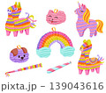 Pinata set for birthday party, Mexican holiday and carnival. Funny crepe paper toys in shapes of llama, unicorn, horse, rainbow, cat and dog. Vector cartoon hand drawn icons isolated on white 139043616