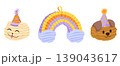Pinata vintage set for birthday party, holiday and carnival. Funny crepe paper toys in shapes of rainbow, cat and dog with party hats. Vector cartoon hand drawn icons isolated on white 139043617