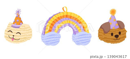 Pinata vintage set for birthday party, holiday and carnival. Funny crepe paper toys in shapes of rainbow, cat and dog with party hats. Vector cartoon hand drawn icons isolated on white Pinata vintage set for birthday party, holiday and carnival. Funny crepe paper toys in shapes of rainbow, cat and dog with party hats. Vector cartoon hand drawn icons isolated on white 139043617