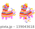Mexican pinata cartoon set. Colorful whole and broken paper toys in shapes of llama or horse with candies inside. Traditional candy surprise decoration for birthday party, fiesta, carnival. 139043618