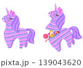Unicorn pinata cartoon set. Colorful whole and broken paper toys in shapes of horse with candies inside. Traditional candy surprise hand made decoration for birthday party, fiesta, carnival 139043620