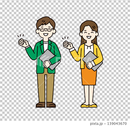 パソコンを片手に持って紹介・説明・案内する、若い男性と女性の全身ベクターイラスト素材セット 139043670