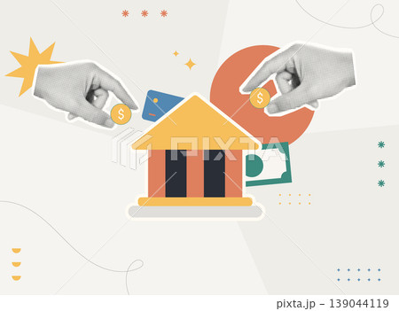 Trendy Halftone Collage style illustration of two hands holding coins and cash around a bank building with credit card, representing financial institution, banking and money service concept. Trendy Halftone Collage style illustration of two hands holding coins and cash around a bank building with credit card, representing financial institution, banking and money service concept. 139044119