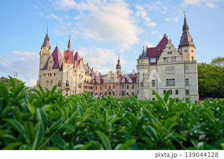 Moszna Castle facade above green hedge in Poland 139044128