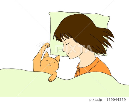 猫と添い寝する女性 139044359
