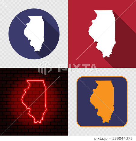 Illinois State Map Icons Set, USA Silhouette Collection in Flat, Minimal and Neon Styles. Illinois State Map Icons Set, USA Silhouette Collection in Flat, Minimal and Neon Styles. 139044373