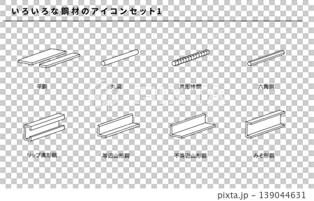 いろいろな鋼材のラインアイコンセット1、ベクター素材 139044631