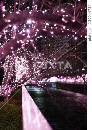 目黒川 ピンクイルミに染まる橋と夜のリフレクション 目黒川 ピンクイルミに染まる橋と夜のリフレクション 139044734
