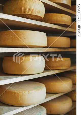 Heads of old cheese on a shelfs at the Italian cheese factory. Heads of old cheese on a shelfs at the Italian cheese factory. 139044975