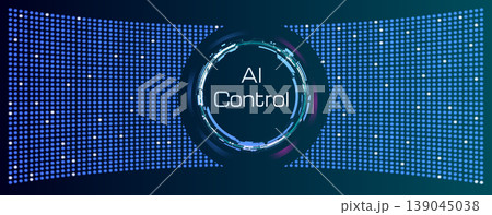 Futuristic AI Control concept. Digital banner with circular HUD over glowing blue dot matrix. High tech design for cybersecurity, data processing, automation. Dark blue abstract background 139045038