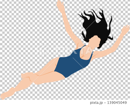 An illustration of a woman in a swimsuit on a beach. 139045049