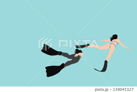 足にフィンを付けて泳いでいる女性のイラスト 足にフィンを付けて泳いでいる女性のイラスト 139045327