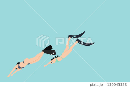 足にフィンを付けて泳いでいる女性のイラスト 足にフィンを付けて泳いでいる女性のイラスト 139045328