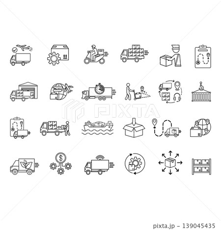 Logistics Icon Set. Vector Icon Delivery, Customs Clearance, Inventory, Loading, Distribution, Packaging, Warehouse, Import, Export, Transportation, Planning, Cargo and Others Logistics Icon Set. Vector Icon Delivery, Customs Clearance, Inventory, Loading, Distribution, Packaging, Warehouse, Import, Export, Transportation, Planning, Cargo and Others 139045435