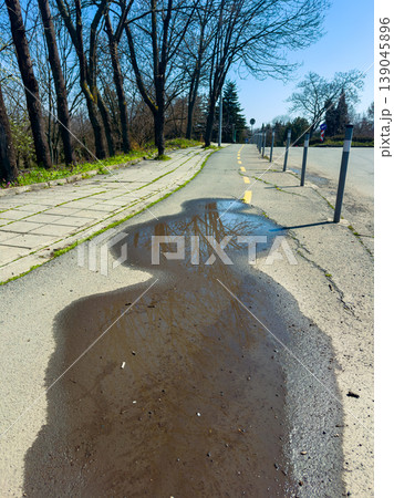 Puddle reflecting trees next to a pathway on a sunny day in a urban area Puddle reflecting trees next to a pathway on a sunny day in a urban area 139045896