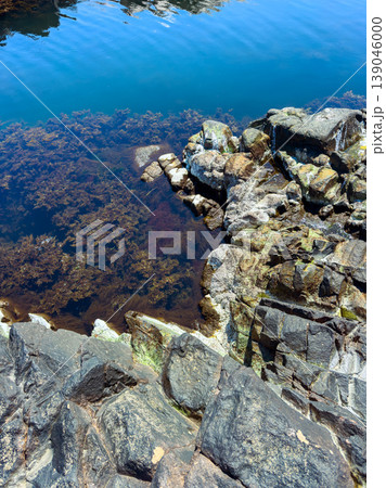 Clear water reflects rocks and plants at the edge of a calm bay during midday sun in a coastal location 139046000