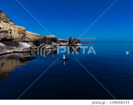 Bright blue sky above calm water with rocks and seagulls near the shore at midday Bright blue sky above calm water with rocks and seagulls near the shore at midday 139046535