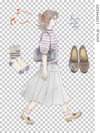 Illustration of a woman in spring/summer clothing, wearing a long skirt, facing sideways and walking. Illustration of a woman in spring/summer clothing, wearing a long skirt, facing sideways and walking. 139046889