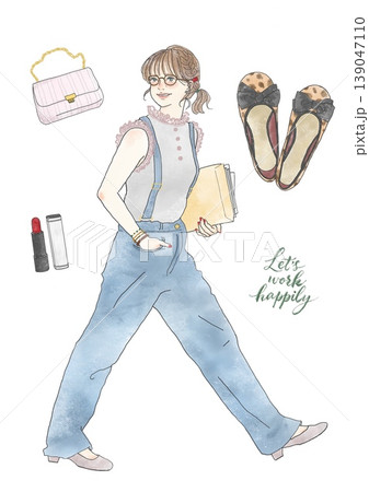 働く女性のファッションコーデイラストセット メガネ女子 手描き 働く女性のファッションコーデイラストセット メガネ女子 手描き 139047110