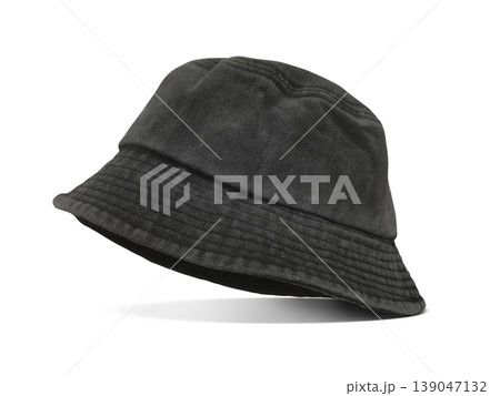 A black bucket hat is stylishly placed against a white background. A black bucket hat is stylishly placed against a white background. 139047132
