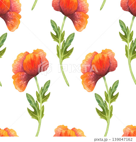 Orange poppies, watercolor seamless pattern. Bright fresh flowers with leaves, hand drawn. Colorful plants for floral cards, prints, and fabric. Orange poppies, watercolor seamless pattern. Bright fresh flowers with leaves, hand drawn. Colorful plants for floral cards, prints, and fabric. 139047162