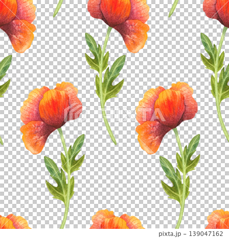 Orange poppies, watercolor seamless pattern. Bright fresh flowers with leaves, hand drawn. Colorful plants for floral cards, prints, and fabric. Orange poppies, watercolor seamless pattern. Bright fresh flowers with leaves, hand drawn. Colorful plants for floral cards, prints, and fabric. 139047162