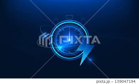 Technology background stopped clock with a lightning symbol in the foreground, representing critical timing, sudden disruption, urgent decision making, power, energy impact, business and technology. Technology background stopped clock with a lightning symbol in the foreground, representing critical timing, sudden disruption, urgent decision making, power, energy impact, business and technology. 139047194