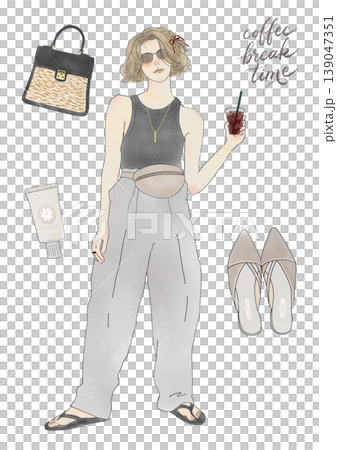 コーヒーを持つ夏服の女性イラストセット　夏コーデ　ファッション　全身　小物　サングラス　カフェ　 139047351