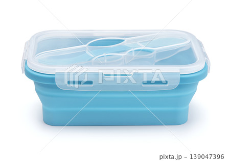 Front view of blue collapsible silicone lunch box Front view of blue collapsible silicone lunch box 139047396