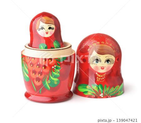 Front view of red wooden matryoshka doll Front view of red wooden matryoshka doll 139047421