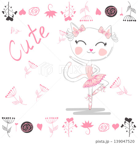 cute white cartoon cat in ballet tutu, kitty girl in a pink skirt 139047520