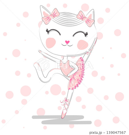 Happy cat girl in ballet costume dance on a piano on polka dot background illustration vector. Happy cat girl in ballet costume dance on a piano on polka dot background illustration vector. 139047567