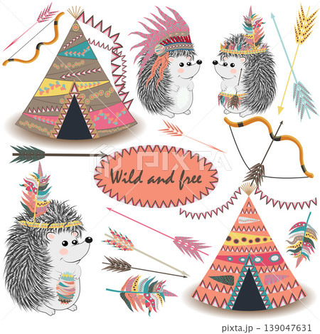 Tribal Collections Set with teepee tens, arrows, feathers, tribal borders, Indian hedgehog and feather headdress. Tribal Collections Set with teepee tens, arrows, feathers, tribal borders, Indian hedgehog and feather headdress. 139047631