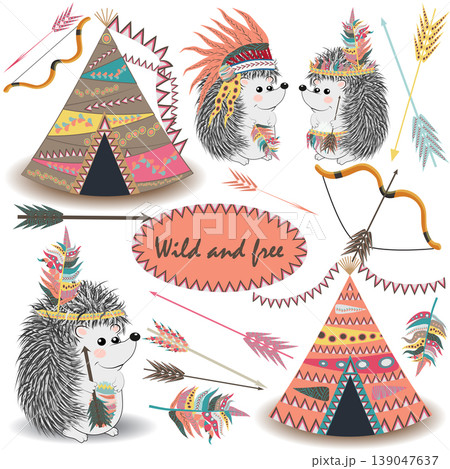 Tribal Collections Set with teepee tens, arrows, feathers, tribal borders, Indian hedgehog and feather headdress. Tribal Collections Set with teepee tens, arrows, feathers, tribal borders, Indian hedgehog and feather headdress. 139047637