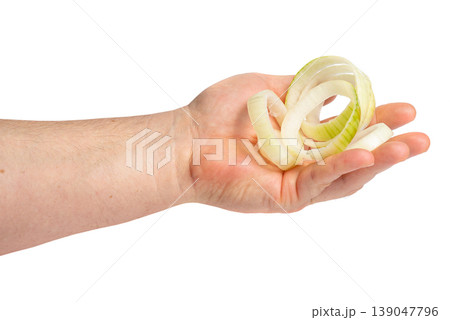 Hand holding onion rings on palm closeup Hand holding onion rings on palm closeup 139047796