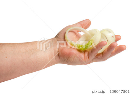 Hand holding heap of onion rings on palm 139047801