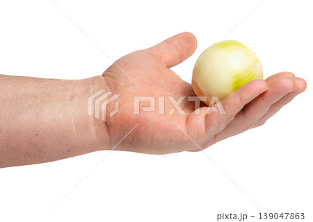 Hand holding small peeled onion on palm 139047863