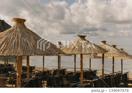 Empty beach near the old town of Budva, Montenegro. Beautiful sunny morning. 139047878