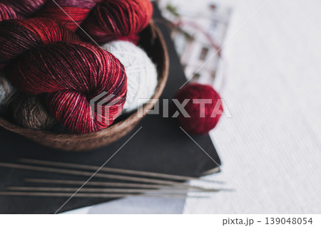 Skeins and balls of wool yarn for hand knitting in a basket. Concept for handmade. Skeins and balls of wool yarn for hand knitting in a basket. Concept for handmade. 139048054