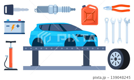Car service, maintenance and repair elements. Mechanics checks and maintains, car on lift in service workshop. Vector illustration. Car service, maintenance and repair elements. Mechanics checks and maintains, car on lift in service workshop. Vector illustration. 139048245
